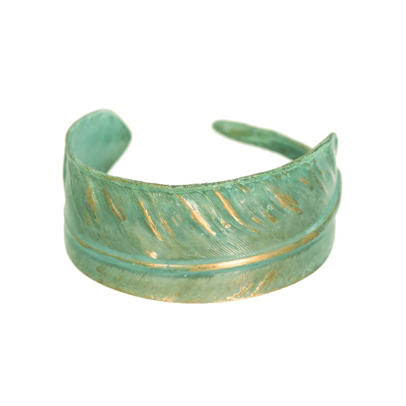 Aged silver bangles-Verdigris Feather Cuff