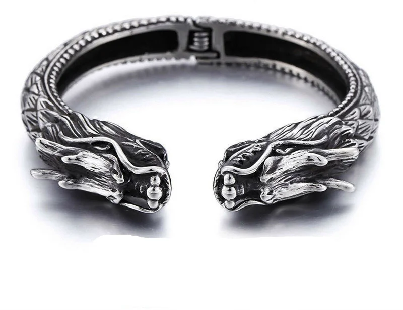 Thick gem bangles-Stainless Steel Double Dragons Hinged Cuff Bangle