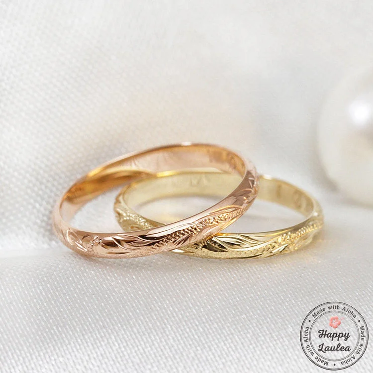 Stone stack rings-14K Gold Ring [2mm] Hawaiian Hand Engraved Heritage Design - Dome Shape