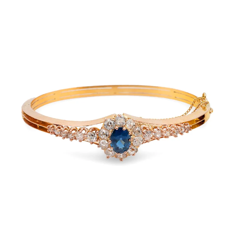 Fluid shape bracelets-Antique French 1.60 carat sapphire diamond 18k rose gold bangle