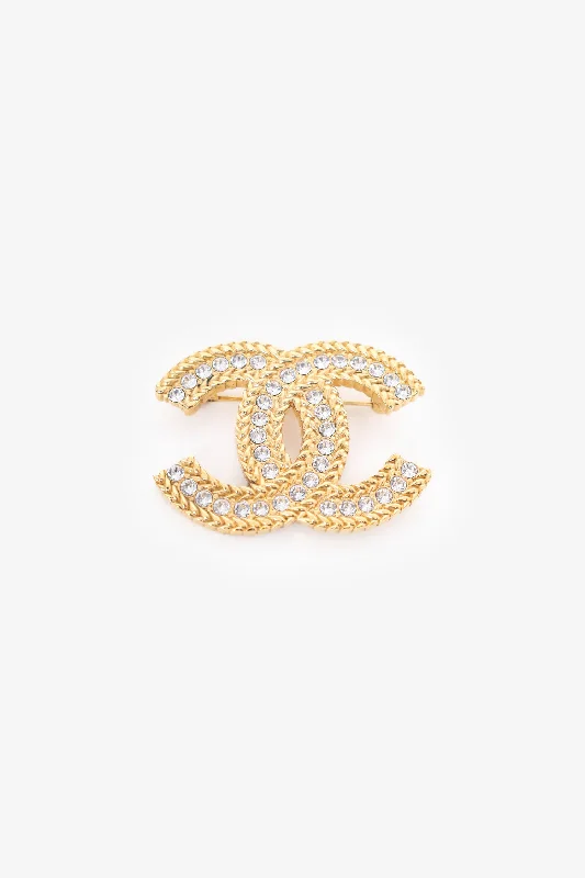 Freshwater pearl brooches-Pre-Loved™ Chanel Gold Tone Crystal CC Brooch