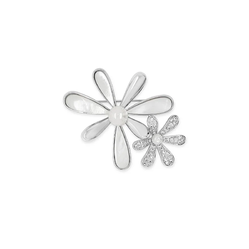 Swinging gem brooches-Absolute CZ & White Opal Flower Brooch, Silver