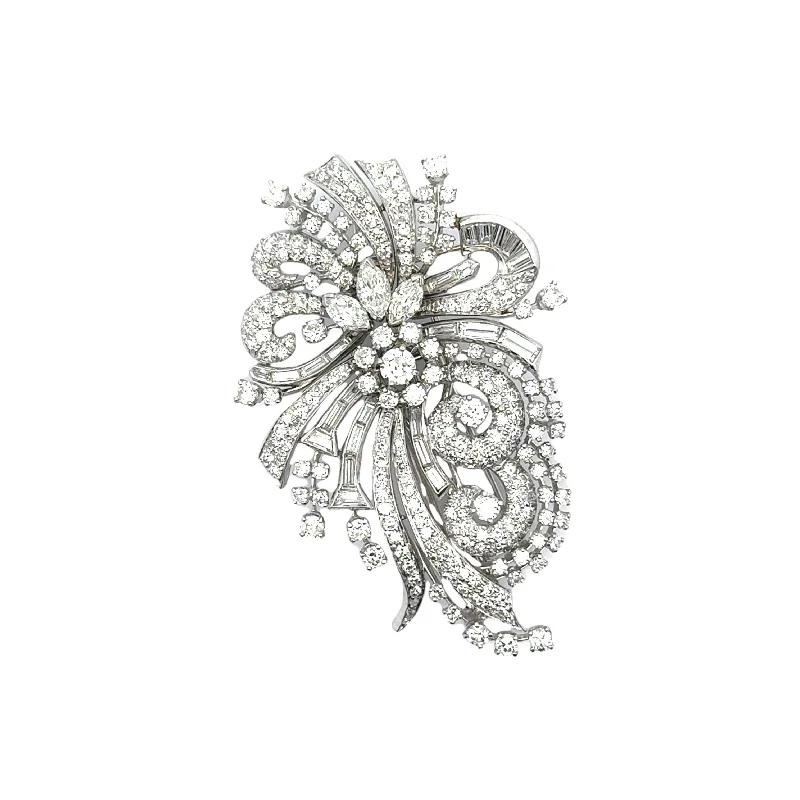 Shimmering druzy brooches-Mid-Century Diamond 18k White Gold Floral Spray Double-Clip Brooch