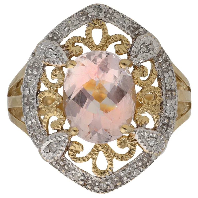 Clear quartz rings-9ct Gold Morganite & 0.13ct Diamond Dress/Cocktail Ring Size O