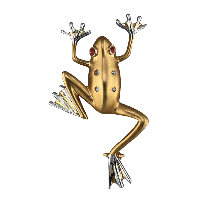 Natural wood brooches-14K Yellow and White Gold Frog Brooch With Diamonds and Rubies