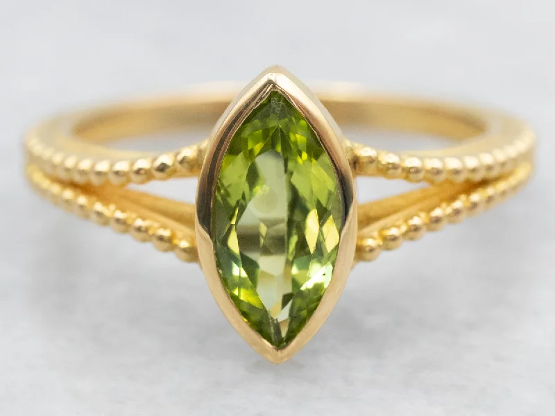 Pentagon shape rings-Marquise Cut Peridot Solitaire Split Shank Ring