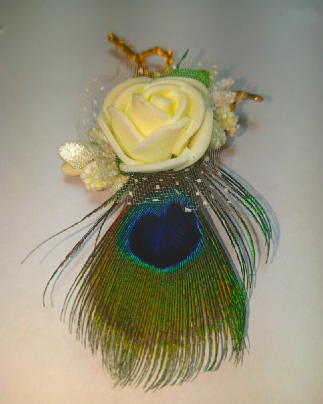 Natural form brooches-Multicolor White Flower with Peacock Feather Designer Brooch