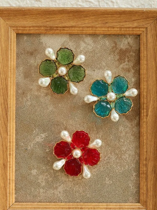 Natural wood brooches-Vintage Handmade Stained Glass Pearl Petal Brooch