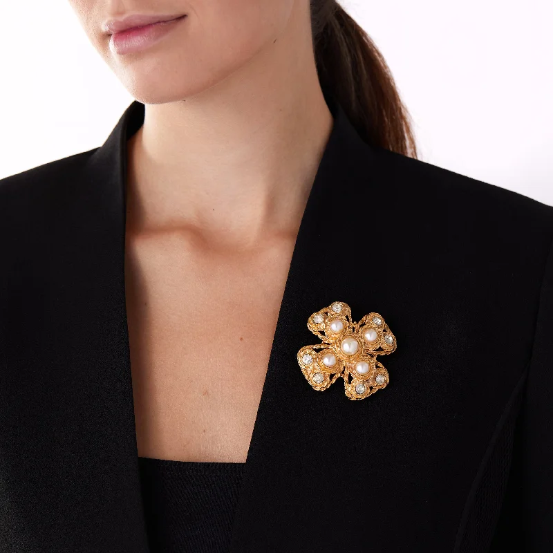 Leaf design brooches-Costume Faux Pearl Cross Pin Brooch