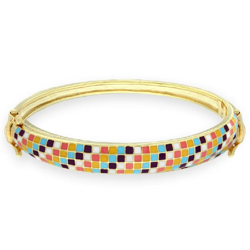 Rattan weave bangles-Molly and Emma 18k Gold Overlay Children's Enamel Checkered Bangle