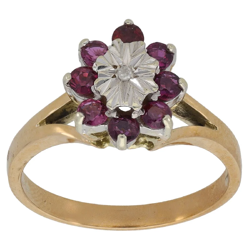 Fine stack rings-9ct Gold Ruby & 0.005ct Diamond Cluster Ring Size N