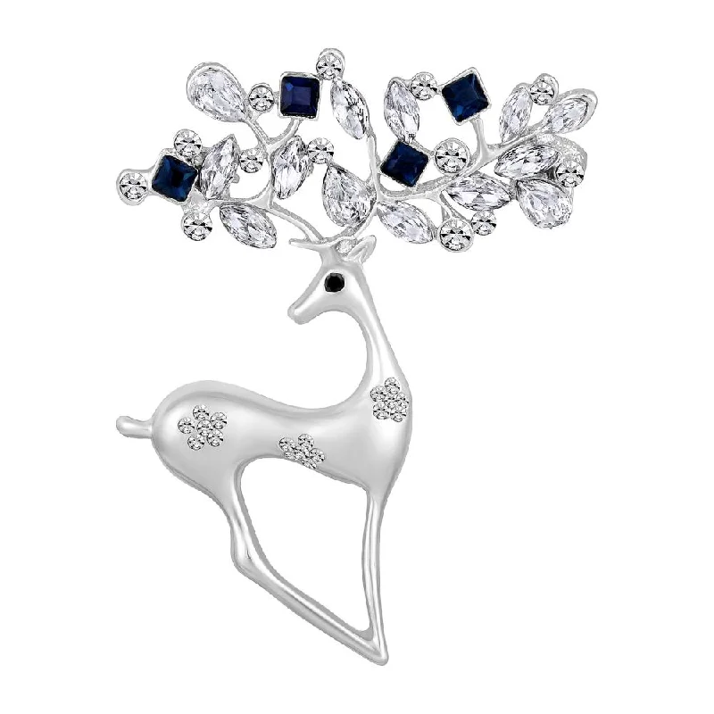 Cherub wing brooches-Mahi Rhodium Plated Montana Blue and White Crystals Cute Deer-Shaped Saree Pin / Wedding Brooch for Women (BP1101146RMBlu)