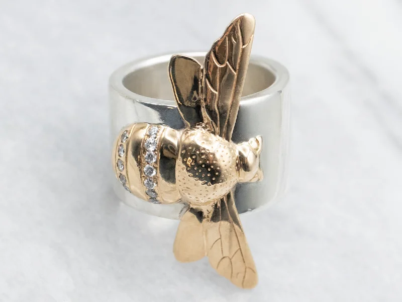 Wide band rings-Bold Mixed Metal Diamond Bumble Bee Statement Ring