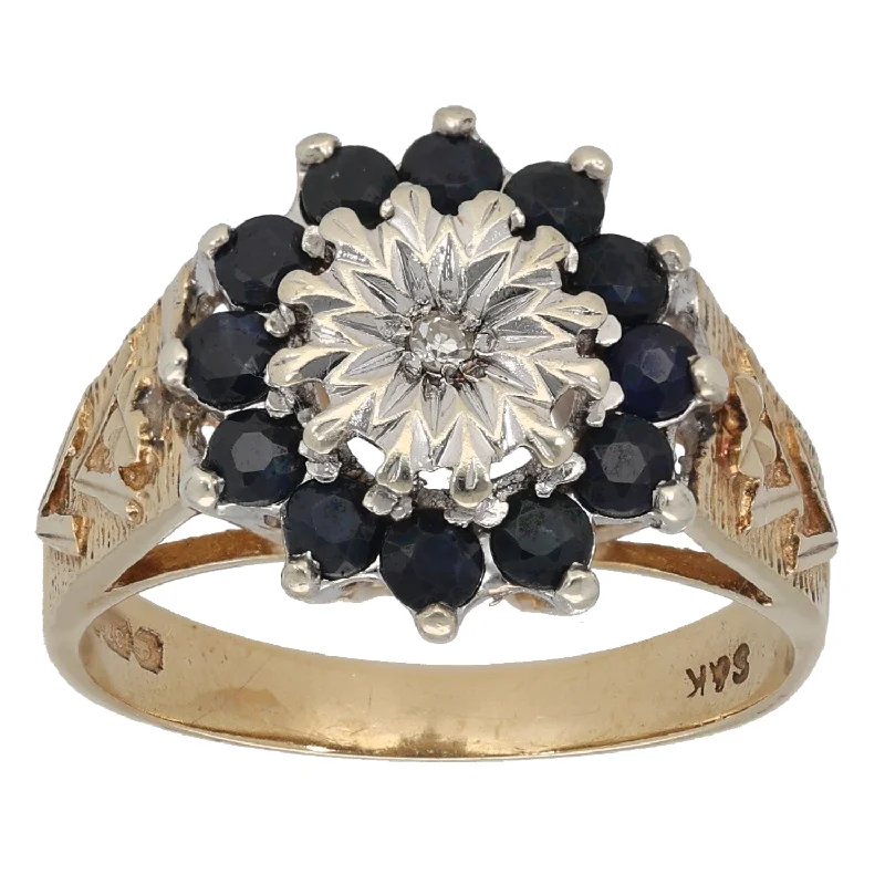 Uneven rings-9ct Gold Sapphire & 0.02ct Diamond Cluster Ring Size P