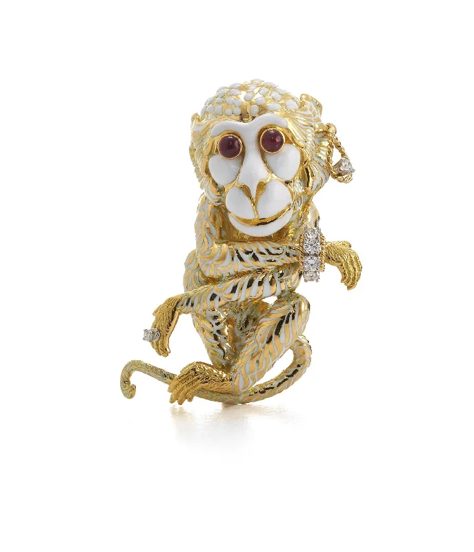 Peace charm brooches-Gypsy Monkey Brooch, White Enamel