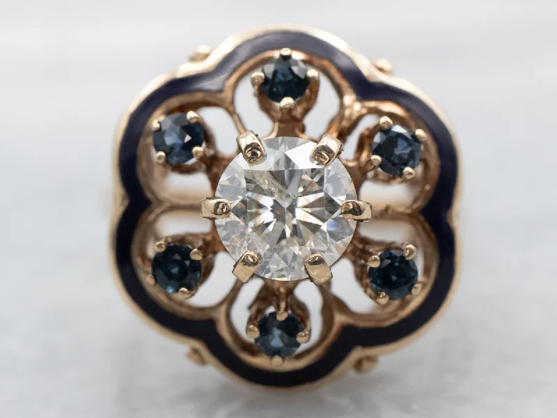 Oversized cocktail rings-Vintage Diamond and Sapphire Enamel Flower Ring