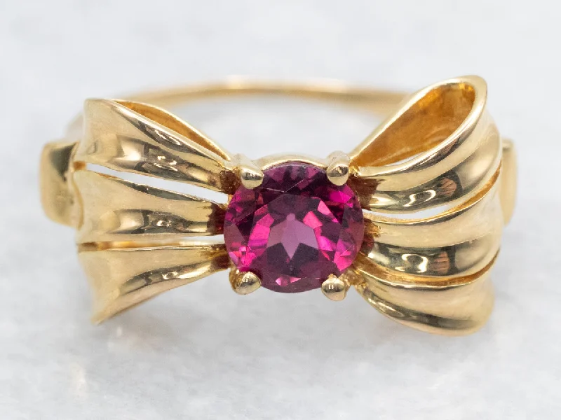 Retro wedding rings-Sweet Gold Rhodolite Garnet Bow Ring