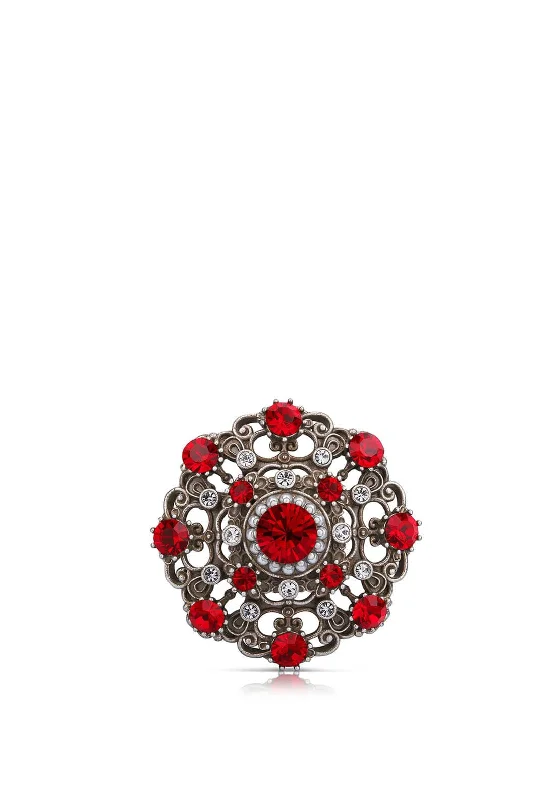 Wide stone brooches-Newbridge Silverware Brooch with Ruby Stones, Antique Silver