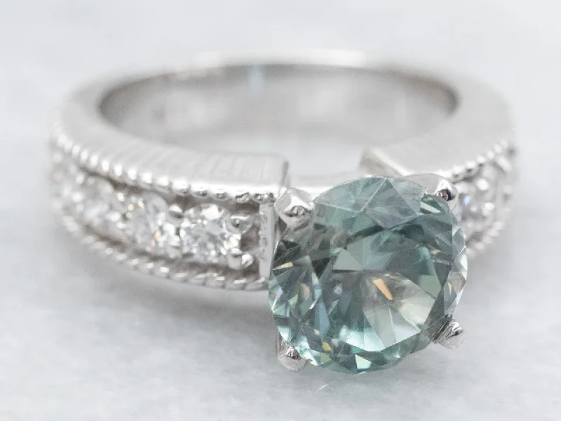 Aged silver rings-Blue Zircon and Diamond Ring