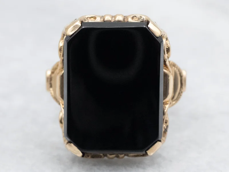 Retro lock rings-Mid-Century Black Onyx and Gold Ring