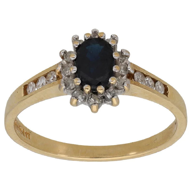 Hand-carved rings-9ct Gold Sapphire & 0.18ct Diamond Cluster Ring Size N