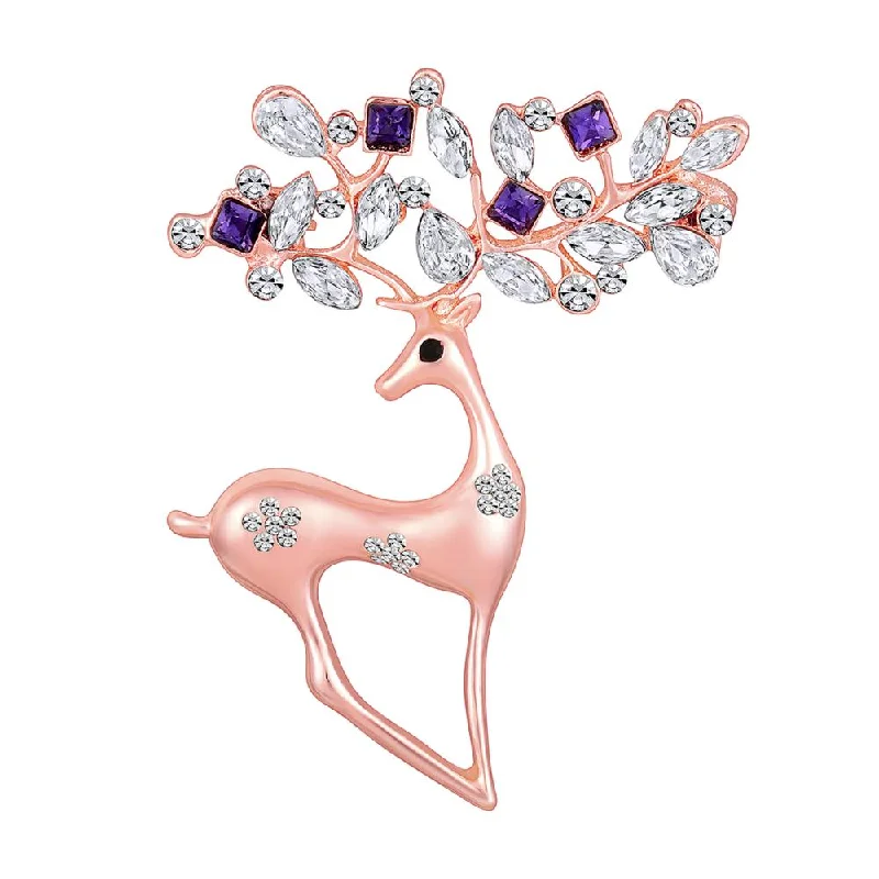 Large statement brooches-Mahi Rosegold Plated Purple and White Crystals Cute Deer-Shaped Saree Pin / Wedding Brooch for Women (BP1101135ZPur)