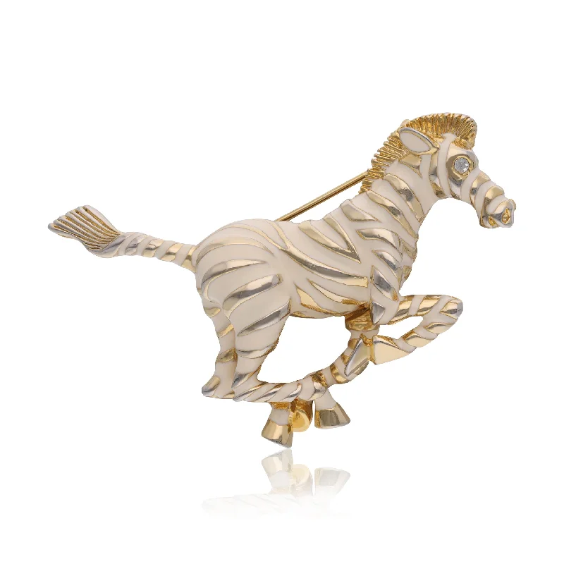 Polished metal brooches-Contemporary Zebra Brooch In White Enamel And Gold-Tone Metal