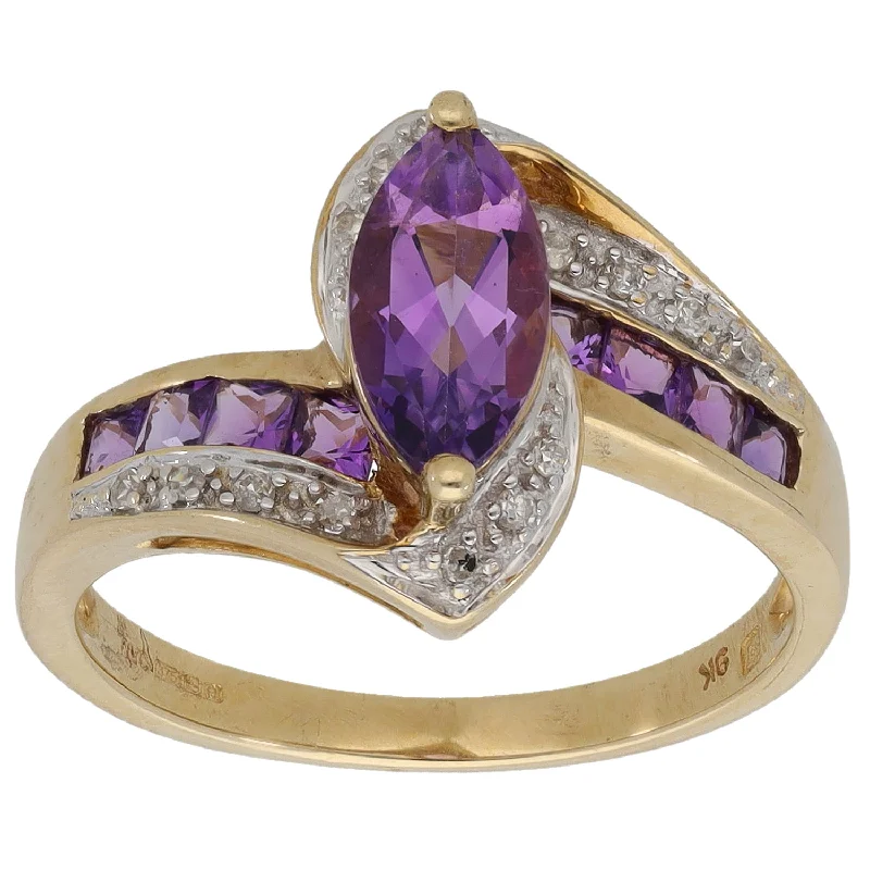 Hexagonal stone rings-9ct Gold Amethyst & 0.07ct Diamond Dress/Cocktail Ring Size P