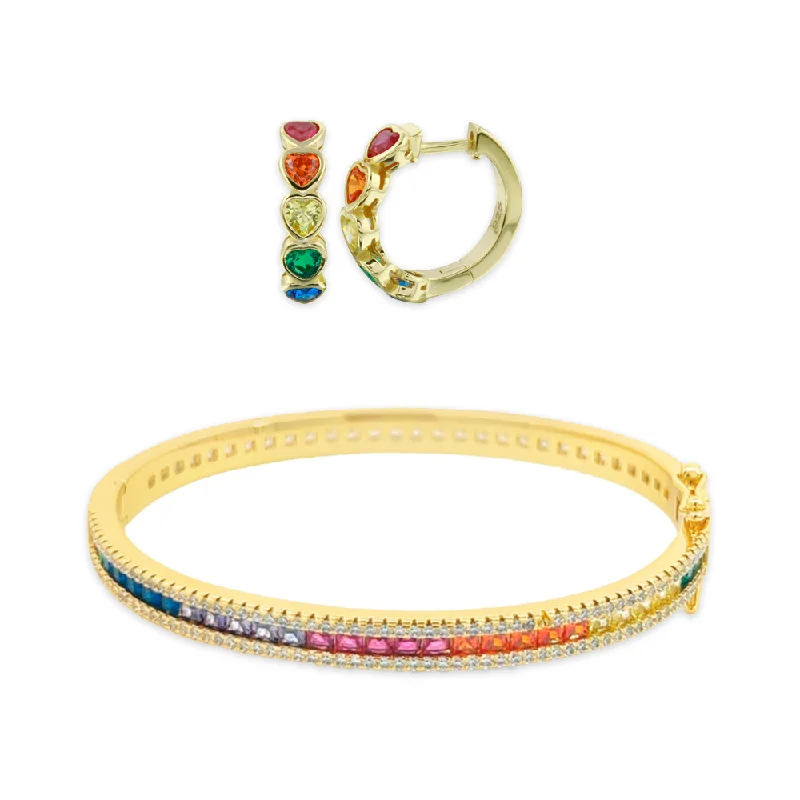 Uneven bangles-Two Sided Rainbow Baguette Bangle + Bezel Heart Huggies