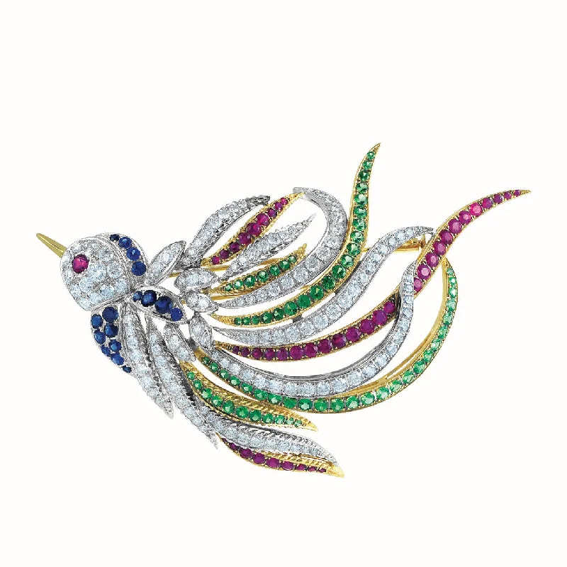 Aquamarine stone brooches-18K White And Yellow Diamond Ruby Sapphire And Tsavorite Exotic Bird Brooch