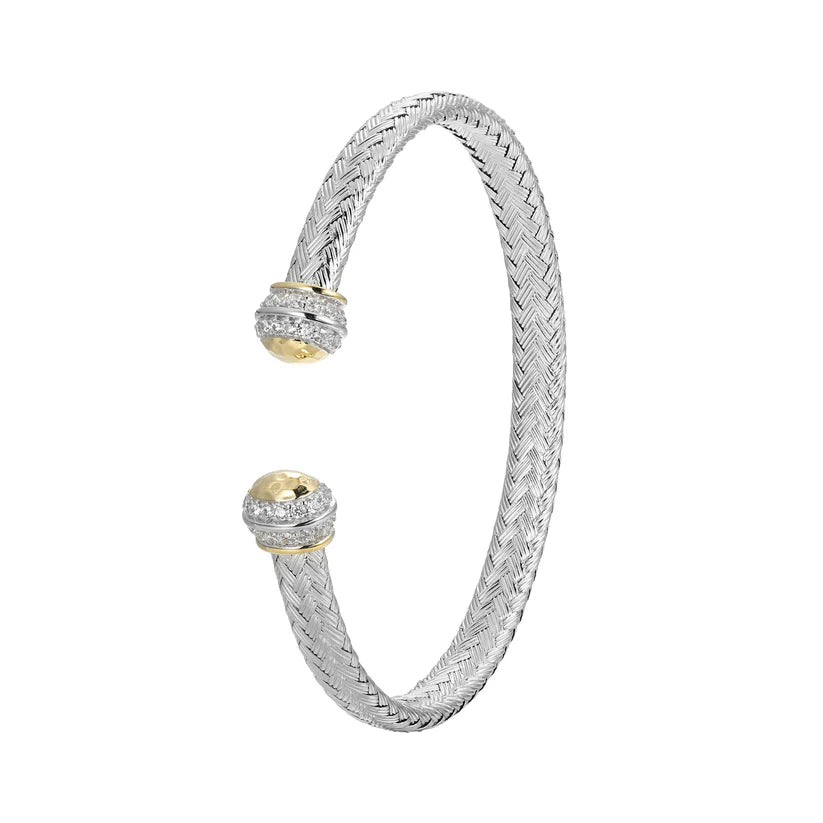 Gem link bracelets-Sterling Silver Classic Mesh Cubic Zirconia Cuff Bangle Rhodium and Yellow Gold Finish