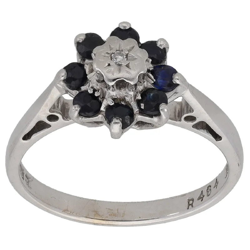 Astrology theme rings-9ct White Gold Sapphire & 0.005ct Diamond Cluster Ring Size K