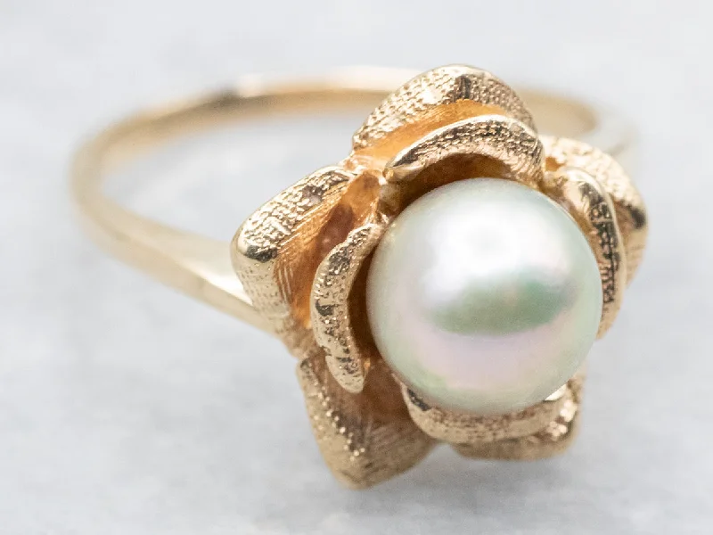 Aged silver rings-Pearl Bypass Ring with Flower Frame