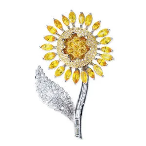 Ruby floral brooches-18K WHITE GOLD SUNFLOWER BROOCH WITH DIAMONDS AND SAPPHIRES