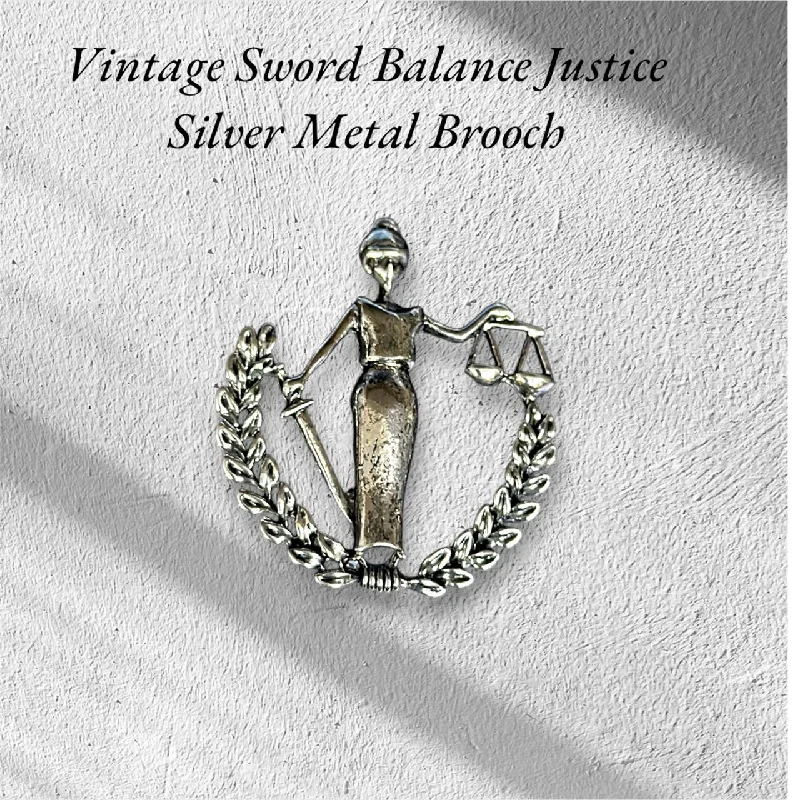 Aged silver brooches-Vintage Sword Balance Justice Silver Metal Brooch