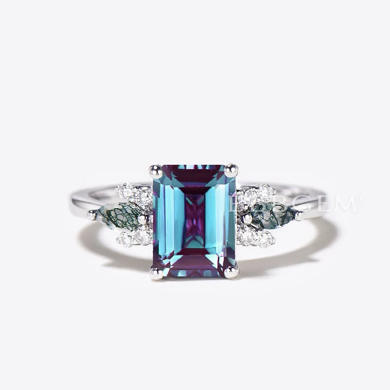 Onyx inlay rings-Emerald Cut Color-change Alexandrite Engagement Ring Diamond Cluster Ring