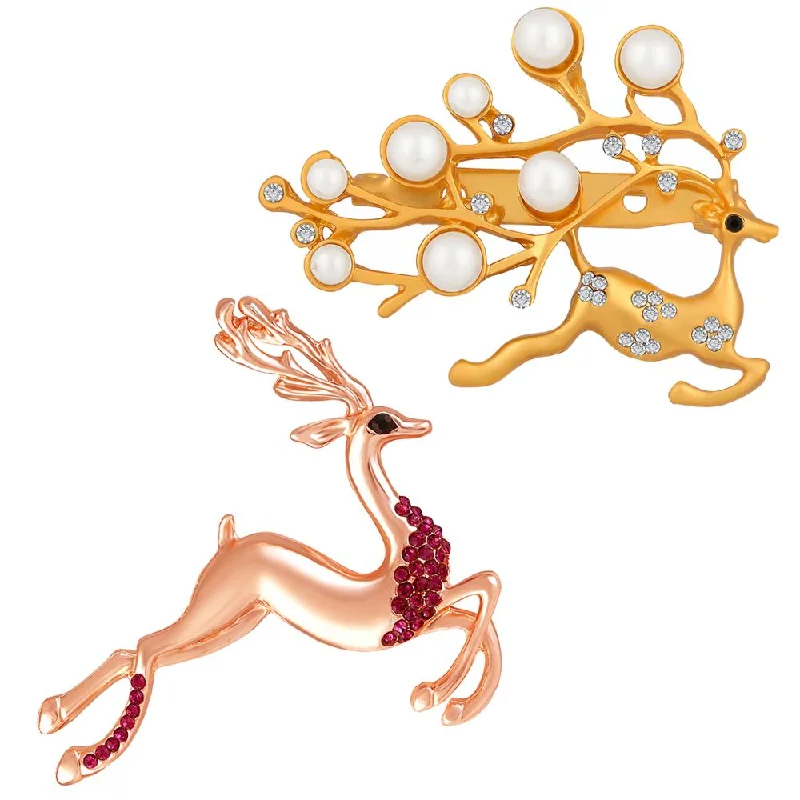 Uneven brooches-Mahi Combo of Pink and white Crystals with Gold and Rose Gold Plating Deer-Shaped Wedding Brooch for Women (CO1105632M)