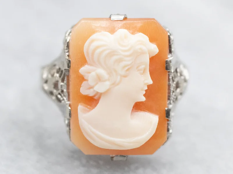 Horoscope birthstone rings-Vintage Cameo in Art Deco Filigree Ring