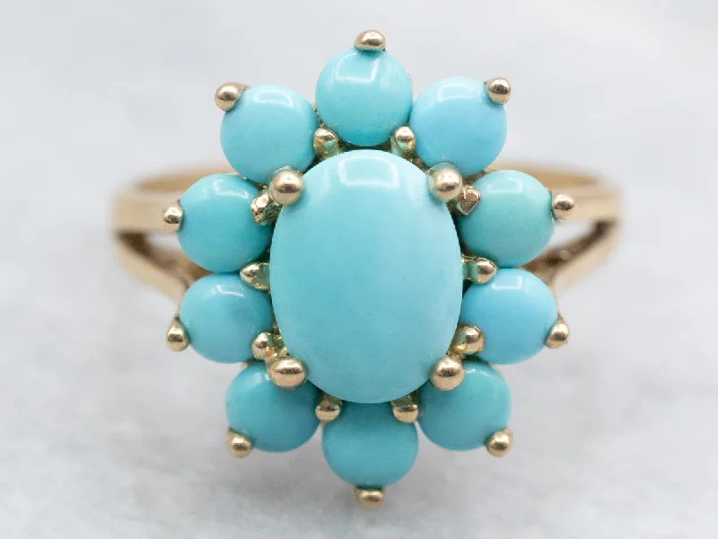 Wide stone rings-Pretty Turquoise and Gold Cluster Ring