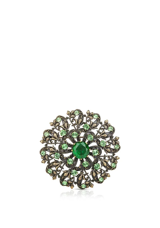 Crafted artisan brooches-Newbridge Silverware Floral Green Stone Brooch, Antique Gold