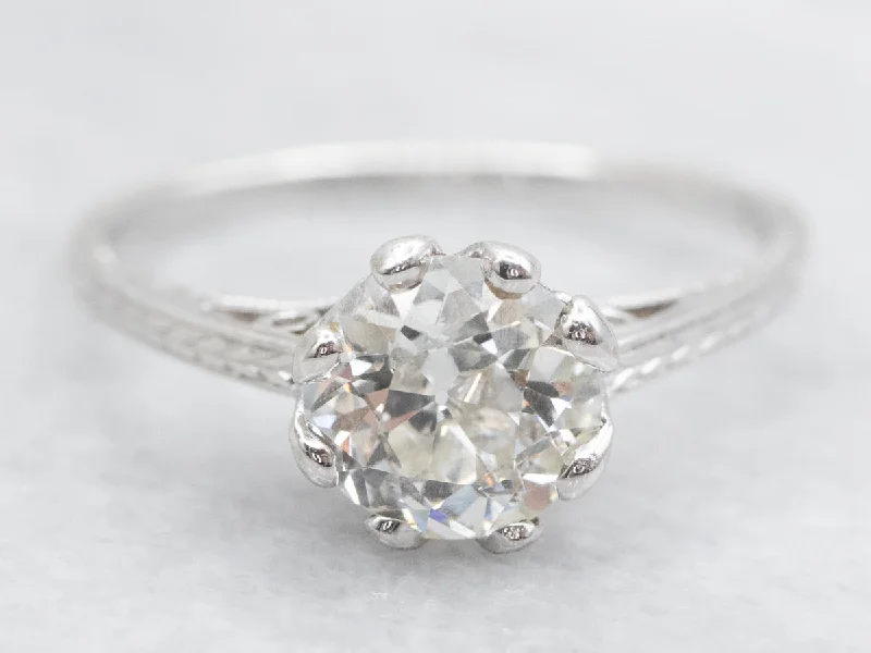 Crafted artisan rings-Old Mine Cut Diamond Solitaire Engagement Ring with Etched Shoulders