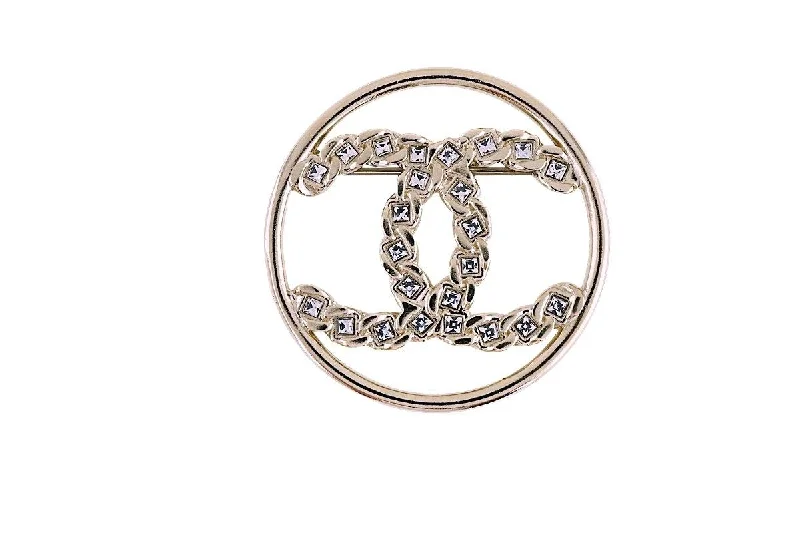 Satin black brooches-NIB Chanel 19P Circle CC Logo Crystal Brooch Gold