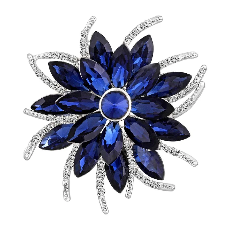 Plush satin brooches-Mahi Rhodium Plated Floral Design Sapphire Blue and White Crystals Studded Saree Pin / Wedding Brooch for Women (BP1101140RBlu)