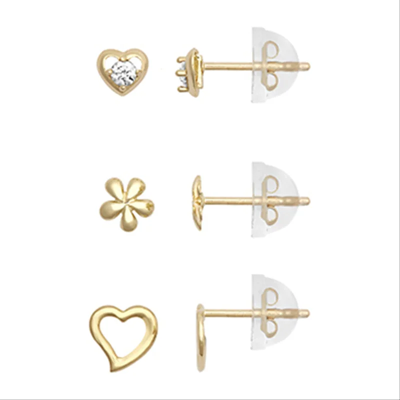 Wide gold rings-New 9ct Gold Cubic Zirconia Heart, Open Heart & Flower Earring Set