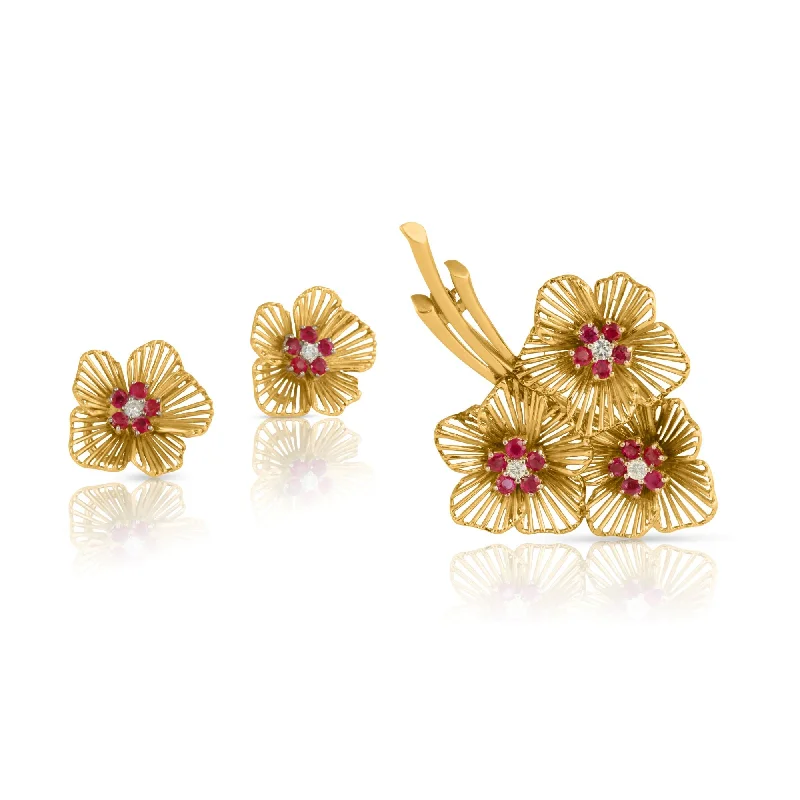 Frosted bead brooches-Retro Gold Ruby and Diamond Floral Earring and Brooch Set