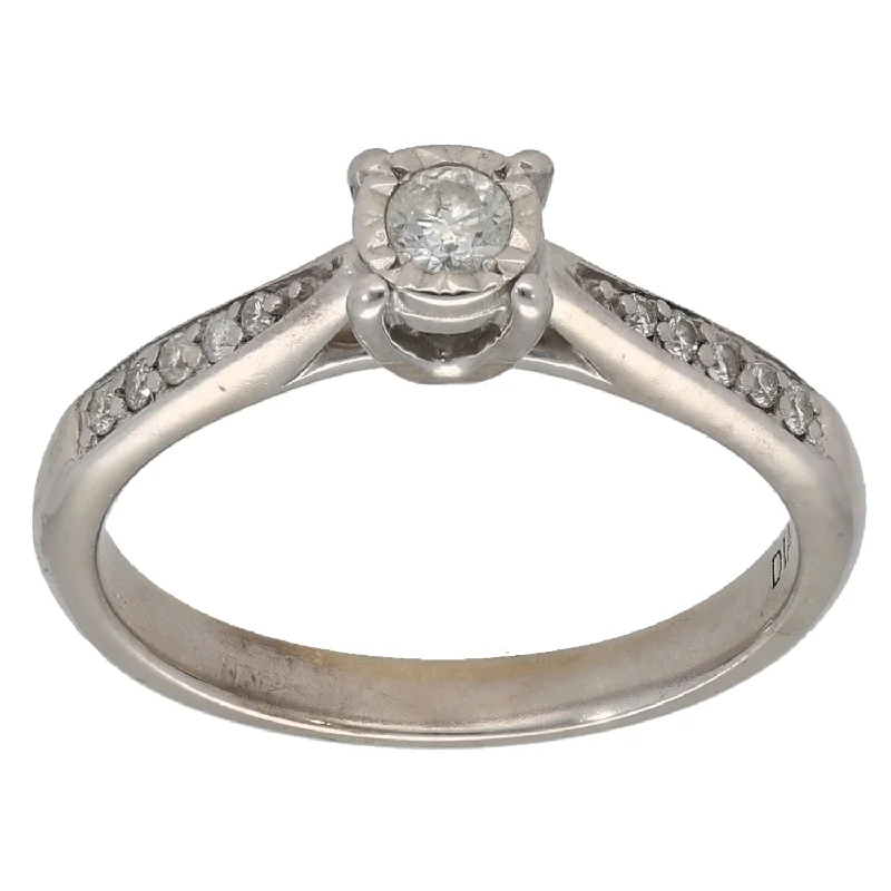 Wide gold rings-9ct White Gold 0.19ct Diamond Solitaire Ring With Accent Stones Size L