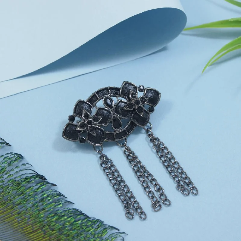 Persian style brooches-Etnico Silver Oxidised Traditional Stone Drop Safa Kalangi Brooch for Groom/Men/Dulha Pagadi (SM77OXB)