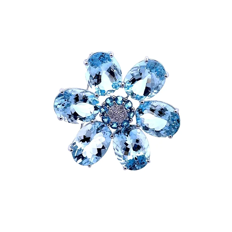 Sleek pin brooches-44.65 Carats Aquamarine Diamond 18k White Gold Flower Brooch-Pendant