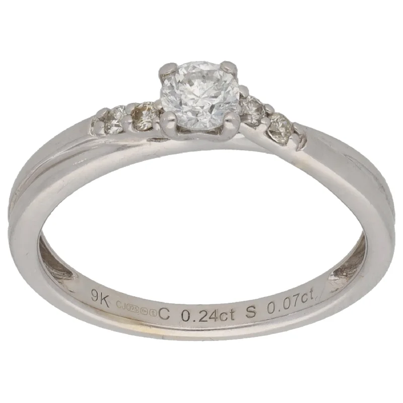 Wide stone rings-9ct White Gold 0.31ct Diamond Solitaire Ring With Accent Stones Size L