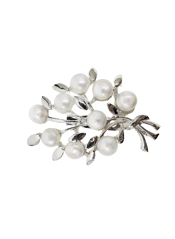 Faith cross brooches-Silver Color Leaf Adorned with Freshwater Pearls Brooch LP006